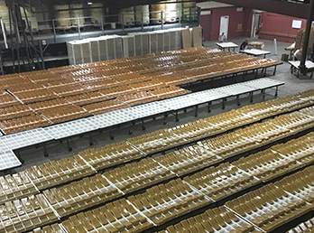 birds eye view of protein glue cakes in a factory